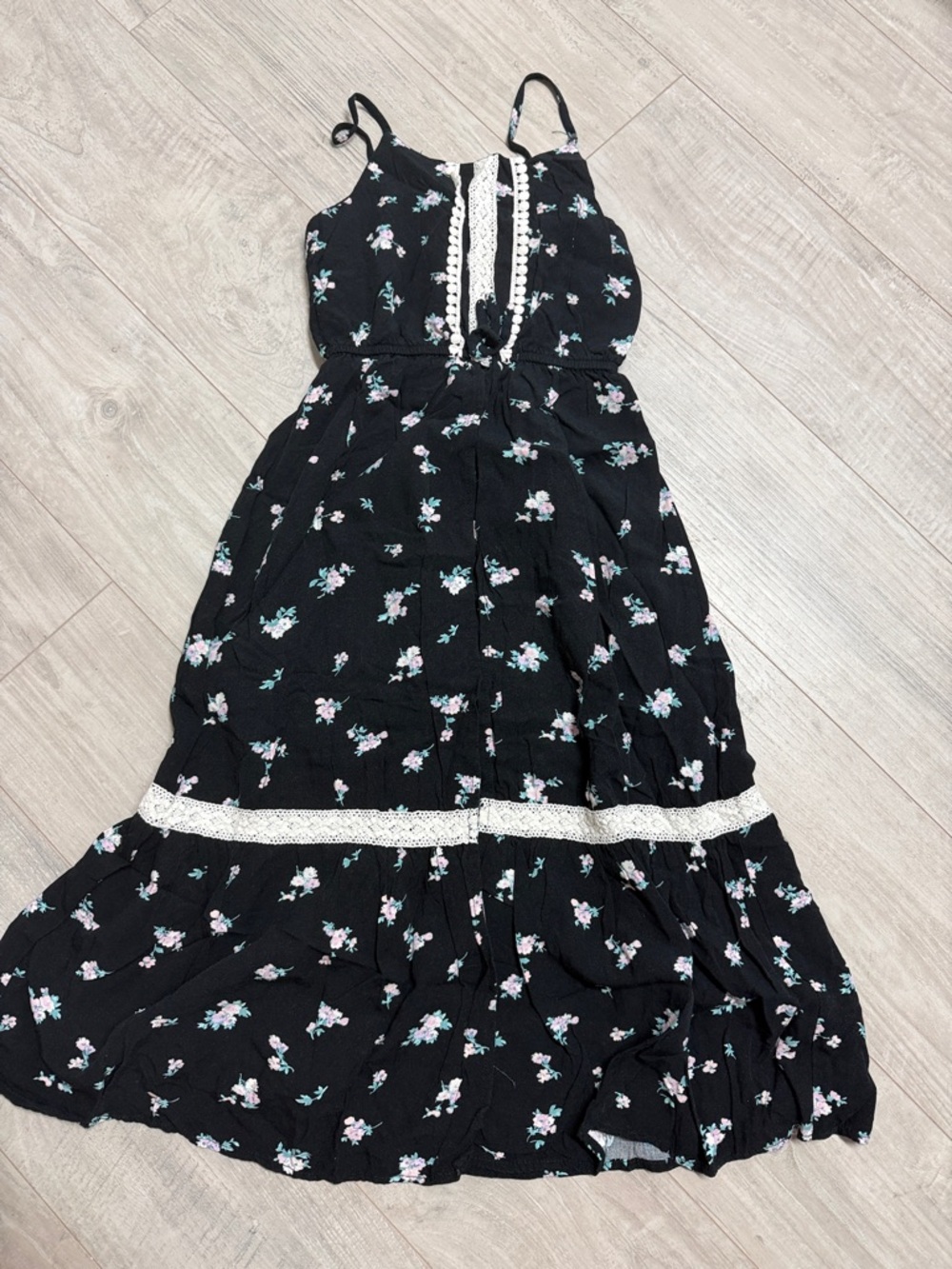 Girls Black Floral Lace-Trim Romper/Maxi Dress